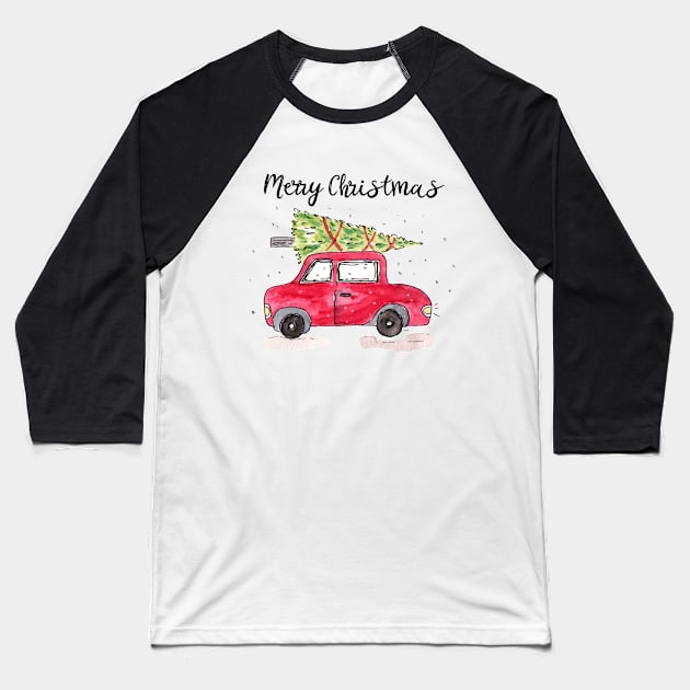 Watercolor Christmas Car with Tree Baseball T-Shirt by Harpleydesign